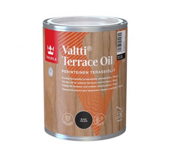 Dažai. Medienos apsaugos ir dekoravimo priemonės. Aliejus medienai. Aliejus terasoms Tikkurilla VALTTI Terrace oil black 0.9l 