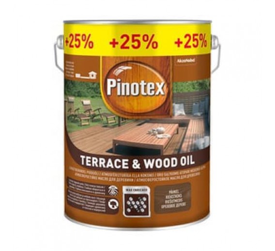 Dažai. Medienos apsaugos ir dekoravimo priemonės. Pinotex produktai. Dažyvė Pinotex Terrace Oil riešutmedis 4l + 1l 