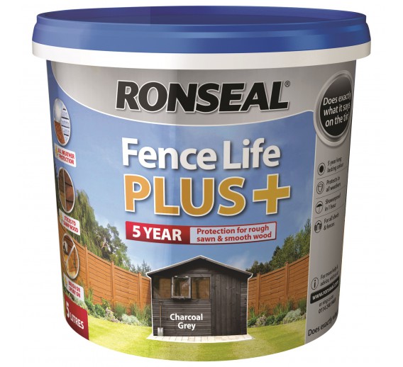 Dažai. Medienos apsaugos ir dekoravimo priemonės. Medienos dažai ir dažyvės. Medžio dažyvės. Dažyvė Ronseal Fence Life Plus 5l Charcoal grey 