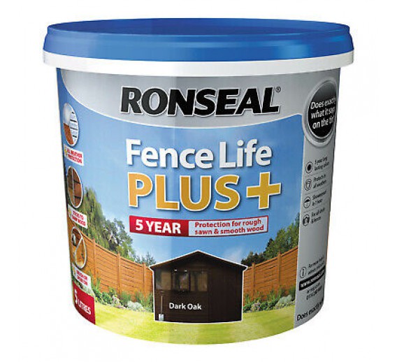 Dažai. Medienos apsaugos ir dekoravimo priemonės. Medienos dažai ir dažyvės. Medžio dažyvės. Dažyvė Ronseal Fence Life Plus 5l Dark oak 