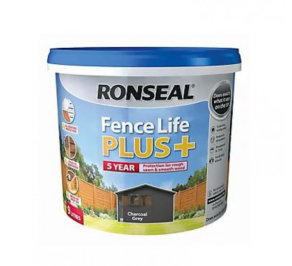 Dažai. Medienos apsaugos ir dekoravimo priemonės. Medienos dažai ir dažyvės. Medžio dažyvės. Dažyvė Ronseal Fence Life Plus 9l Charcoal grey 