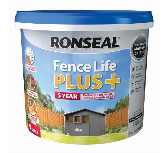 Dažai. Medienos apsaugos ir dekoravimo priemonės. Medienos dažai ir dažyvės. Medžio dažyvės. Dažyvė Ronseal Fence Life Plus 9l Slate 