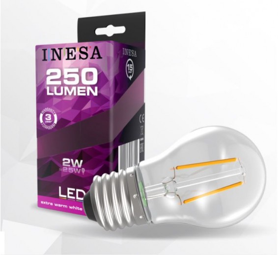 Apšvietimas. Lempos, LED lemputės, LED juostos. LED lemputės. LED lemputės E27 cokoliu. Lemputė FILAMENT INESA E27 G45 2W 