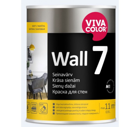 Dažai. Dažai, dažymo įrankiai, dažymo juostos. Vandeniniai dažai. Matiniai sienų dažai VIVACOLOR Wall 7 A 0.9l 