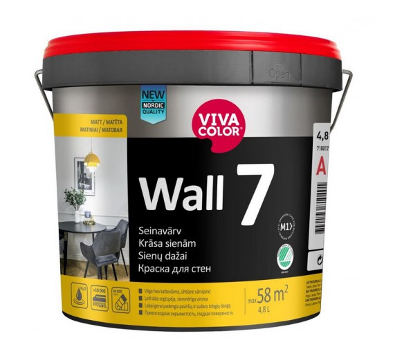 Dažai. Dažai, dažymo įrankiai, dažymo juostos. Vandeniniai dažai. Matiniai sienų dažai VIVACOLOR Wall 7 A 4.8l 