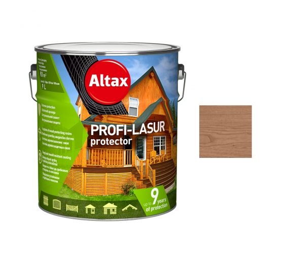 Dažai. Medienos apsaugos ir dekoravimo priemonės. Impregnantas medienai Altax Profi Lasur. Medienos apsauga ALTAX-PROFI Lasur, kaštono sp., 9l 
