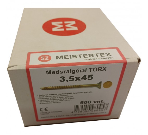 Tvirtinimo detalės. Medsraigčiai, savisriegiai, savigręžiai. Medsraigčiai PRX įleidžiama TORX galva. Medsraigčiai TORX 3,5 x 45 geltoni, įleidžiama galva 500 vnt. 