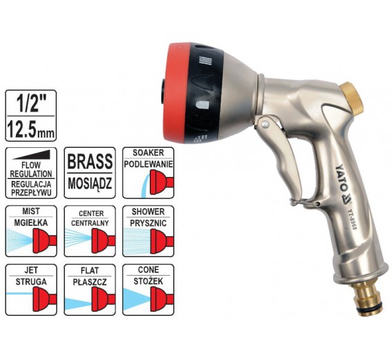 Sodo ir daržo prekės. Laistymo įranga. Purkštukai, pistoletai purkštukai. Pistoletas-antgalis purškimui, žalvaris 7 padėtys Yato 8968 