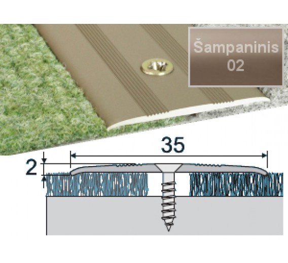 Vidaus apdailos prekės. Apdailos, sujungimo profiliai. Slenkstukai grindų sujungimui. Profilis EFECTOR A08 sujungimo šampaninis 93 cm 35x2 mm 