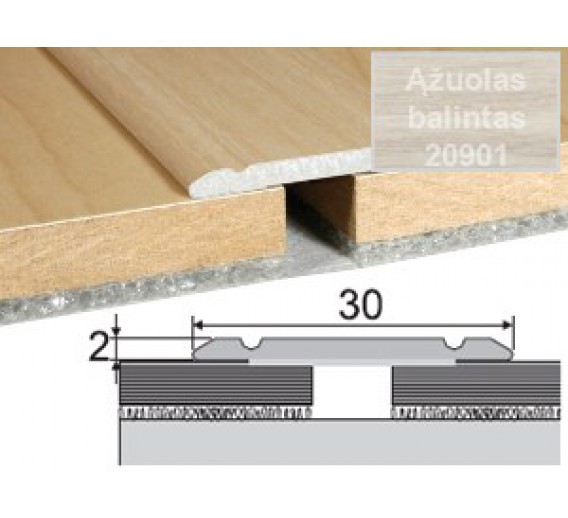 Vidaus apdailos prekės. Apdailos, sujungimo profiliai. Slenkstukai grindų sujungimui. Profilis Effector A02 klijuojamas baltintas ąžuolas 1,8 m 