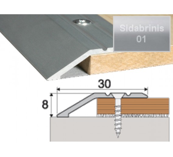 Vidaus apdailos prekės. Apdailos, sujungimo profiliai. Slenkstukai grindų sujungimui. Profilis Effector A11, su nuolydžiu sidabrinis 90 cm 