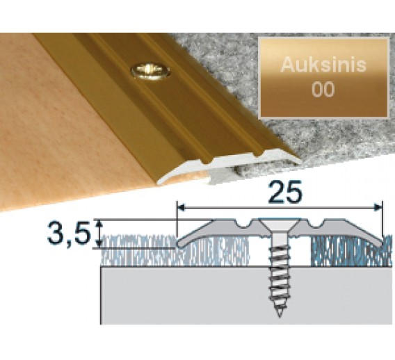 Vidaus apdailos prekės. Apdailos, sujungimo profiliai. Slenkstukai grindų sujungimui. Profilis Effector A12 sujungimo 25x2 auksinis 180 cm 