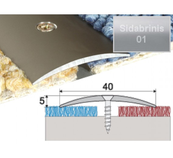 Vidaus apdailos prekės. Apdailos, sujungimo profiliai. Slenkstukai grindų sujungimui. Profilis Effector A13, su nuolydžiu sidabrinis 180 cm 