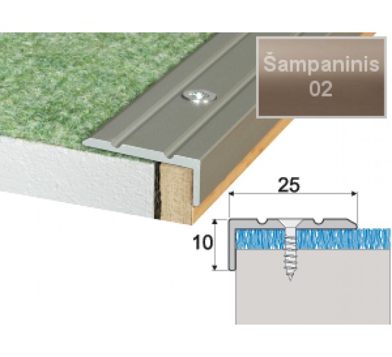 Vidaus apdailos prekės. Apdailos, sujungimo profiliai. Slenkstukai grindų sujungimui. Profilis Effector A31 laiptams šampaninis 180 cm 