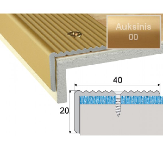 Vidaus apdailos prekės. Apdailos, sujungimo profiliai. Slenkstukai grindų sujungimui. Profilis Effector A33 laiptams 40x20 mm auksinis 90 cm 