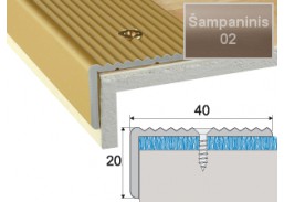 Vidaus apdailos prekės. Apdailos, sujungimo profiliai. Slenkstukai grindų sujungimui. Profilis Effector A33 laiptams 40x20 mm šampaninis 180 cm 