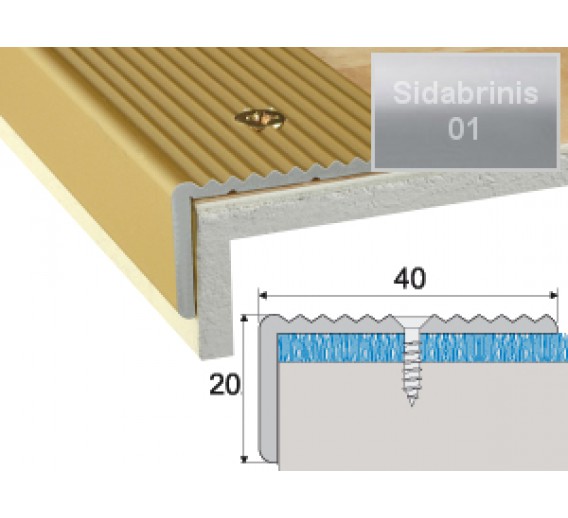 Vidaus apdailos prekės. Apdailos, sujungimo profiliai. Slenkstukai grindų sujungimui. Profilis Effector A33 laiptams 40x20 mm sidabrinis 90 cm 