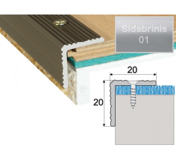 Vidaus apdailos prekės. Apdailos, sujungimo profiliai. Slenkstukai grindų sujungimui. Profilis Effector A35 laiptams 90 cm sidabro sp. 20x20 mm 