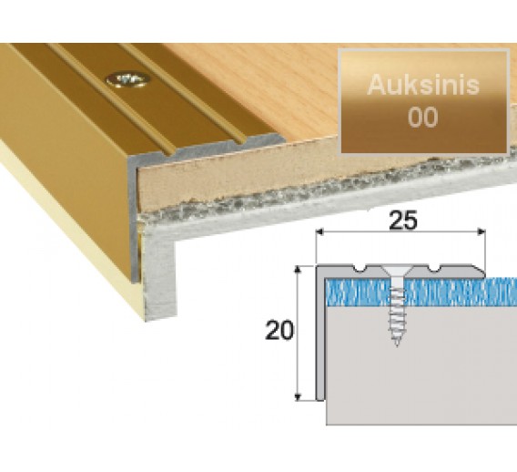 Vidaus apdailos prekės. Apdailos, sujungimo profiliai. Slenkstukai grindų sujungimui. Profilis Effector A36 laiptams auksinis 180 cm 