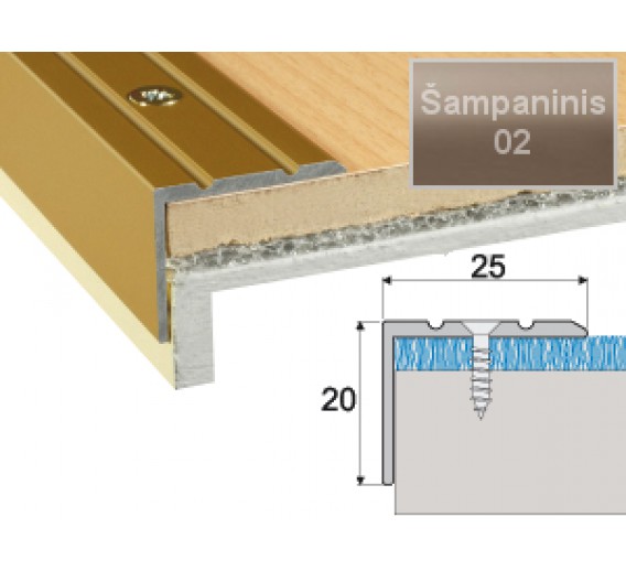 Vidaus apdailos prekės. Apdailos, sujungimo profiliai. Slenkstukai grindų sujungimui. Profilis Effector A36 laiptams šampaninis 90 cm 