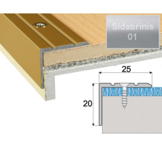 Vidaus apdailos prekės. Apdailos, sujungimo profiliai. Slenkstukai grindų sujungimui. Profilis Effector A36 laiptams sidabrinis 90 cm 