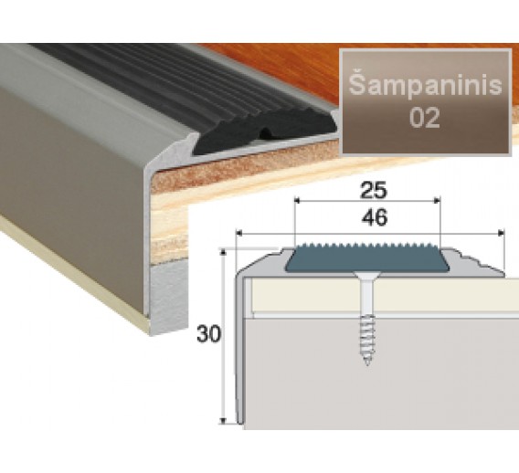 Vidaus apdailos prekės. Apdailos, sujungimo profiliai. Slenkstukai grindų sujungimui. Profilis Effector A38 laiptams su guma, šampano sp. 180 cm 