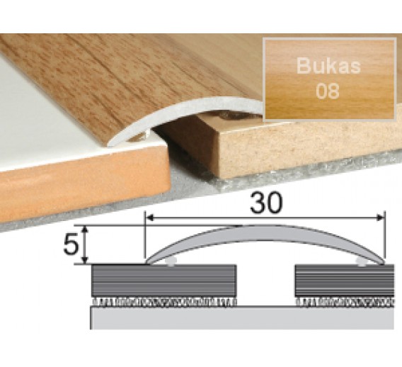 Vidaus apdailos prekės. Apdailos, sujungimo profiliai. Slenkstukai grindų sujungimui. Profilis sujungimui Effector A03 bukas 30x5 mm 180 cm 