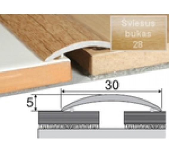 Vidaus apdailos prekės. Apdailos, sujungimo profiliai. Slenkstukai grindų sujungimui. Profilis sujungimui Effector A03 šviesus bukas 30x5 mm 93 cm 