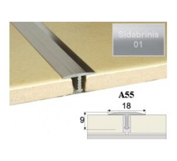 Vidaus apdailos prekės. Apdailos, sujungimo profiliai. Slenkstukai grindų sujungimui. Profilis sujungimui Effector A55 sidabrinis 18x9mmx300cm 