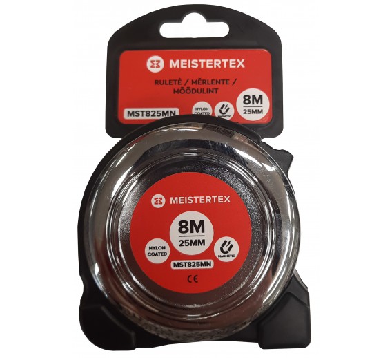 Darbo įrankiai. Mechaniniai įrankiai. Ruletės, matavimo juostos, slankmačiai. Ruletės. Ruletė Meistertex MST825 8 m x 25 mm su magnetu 