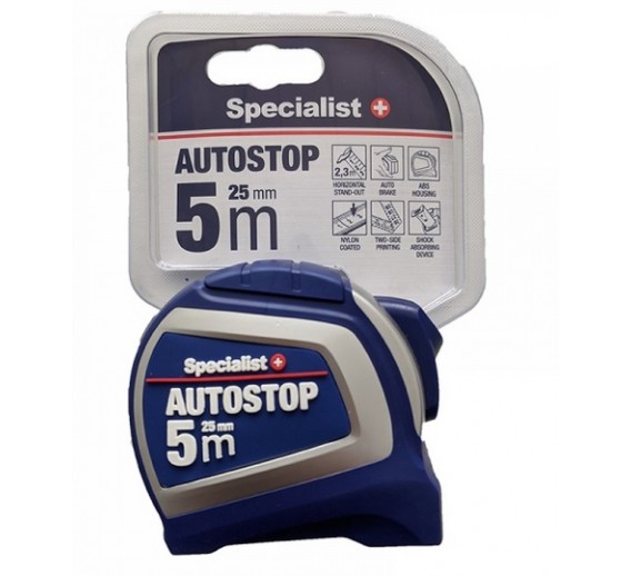 Darbo įrankiai. Mechaniniai įrankiai. Ruletės, matavimo juostos, slankmačiai. Ruletės. Ruletė Specialist+ Autostop, 5m x 25mm 